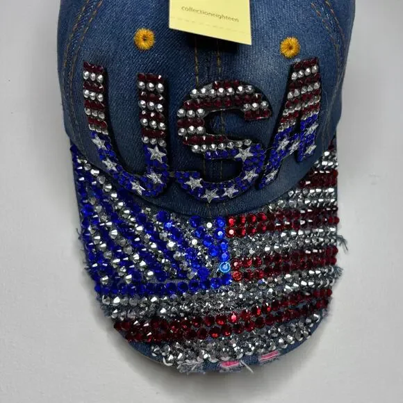 USA Denim Bedazzled Rhinestone American Flag Distressed Baseball Hat Cap NWT NEW - Picture 3 of 11